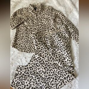 J. Crew Linen Brown and Cream Animal Print set of pants and long sleeve shirt
